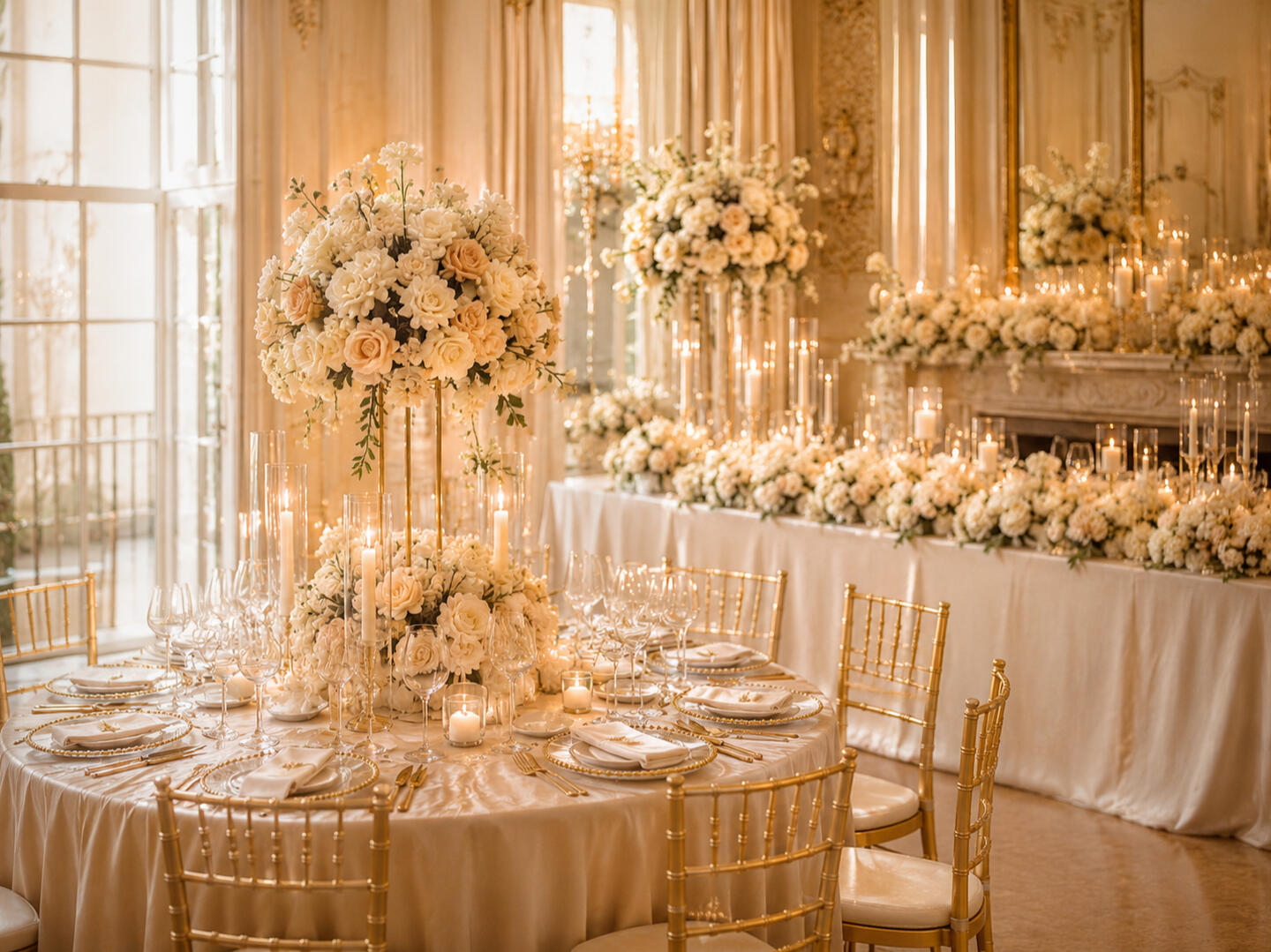 Events Hype Squad Ltd Weddings: Luxury wedding reception styling with ivory florals and gold details